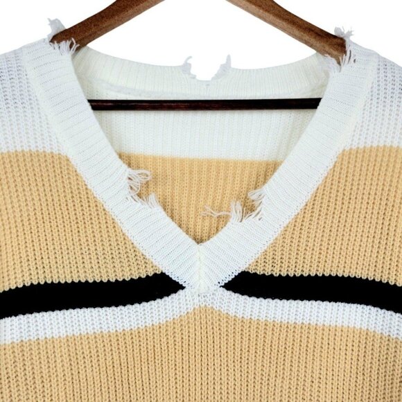 Women's plus 1X Shein V-Neck Off The Shoulder Raw Hem Fall Colorblock Sweater - Picture 3 of 11